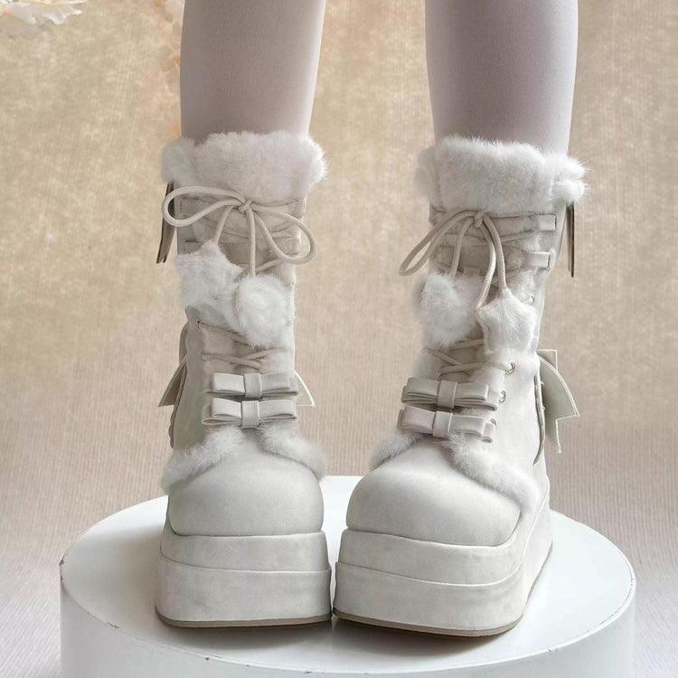 Sweet Lolita Plush Bowknot Lace-Up Platform Boots in Beige