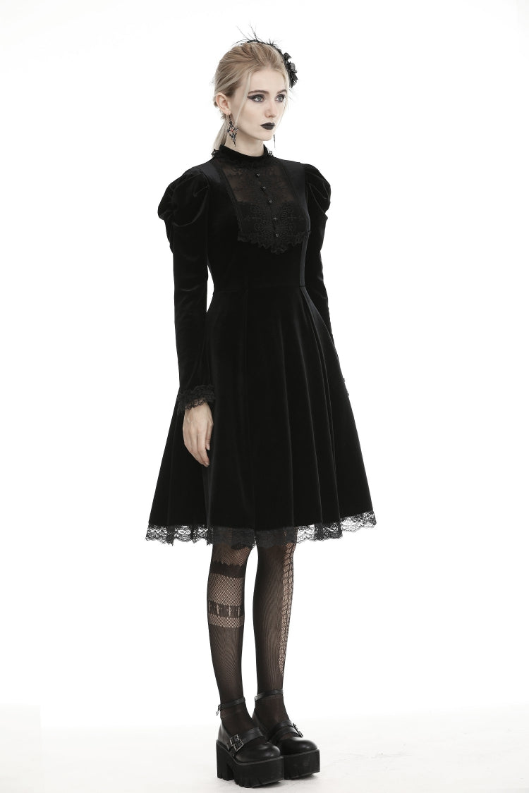 Gothic Velvet Gown with Puff Sleeves and Lace Detailing in Black