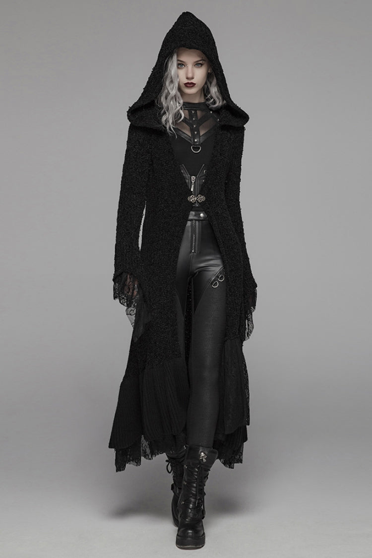 Layered Lace Gothic Long Coat with Hood, Women's Multi-Tier Design
