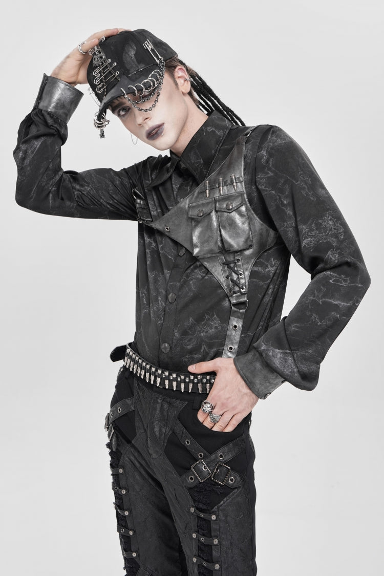 Punk Asymmetric Blouse with Print Stitching and Bullet Detail, Long Sleeve