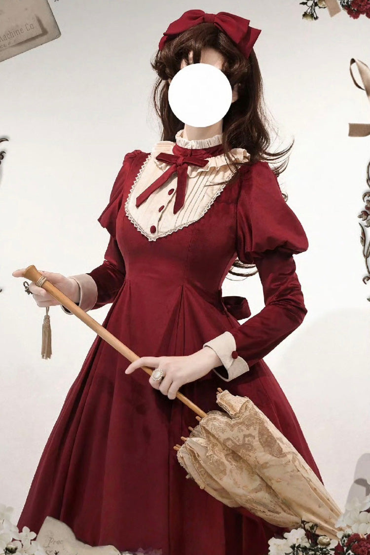 Burgundy High Collar Long Sleeve Ruffled Bow Classic Lolita Gown