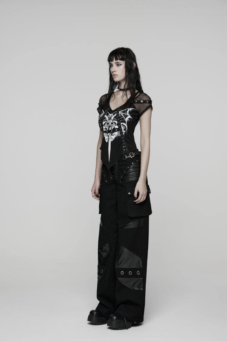 Punk Pants with Buckles and Big Pockets in Black Lace Design