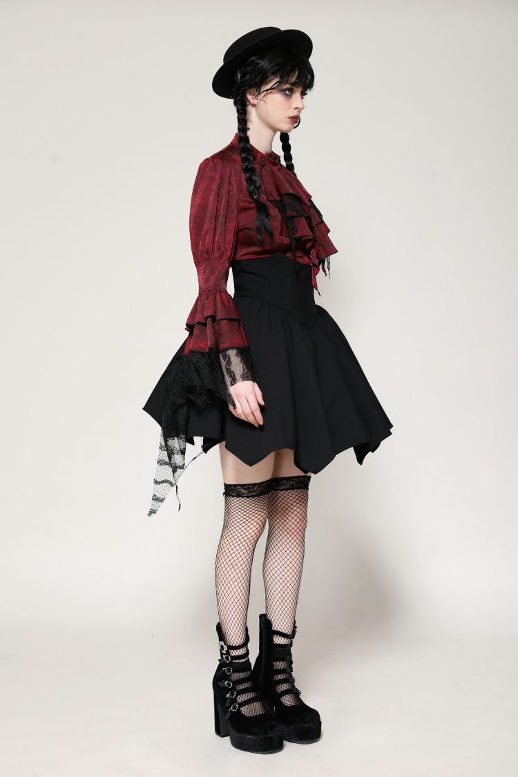 Crimson Gothic Blouse with Frilly Lace and Long Hime Sleeves