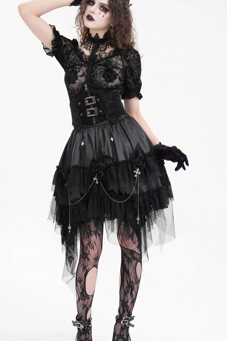 Women's Gothic Skirt with Chain Ruffle, Lace and Irregular Hem Cross