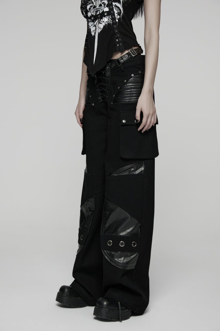 Punk Pants with Buckles and Big Pockets in Black Lace Design