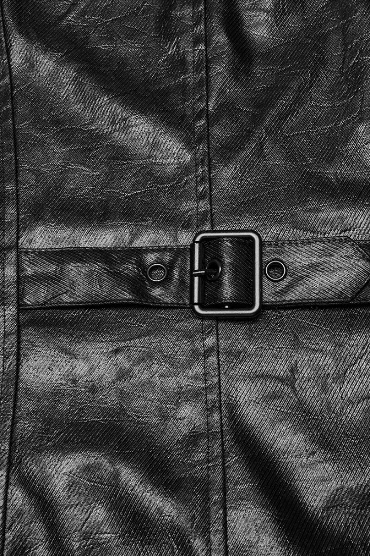 Men's Punk Coat with Ruched Faux Leather, Hooded and Detachable, Long Sleeve