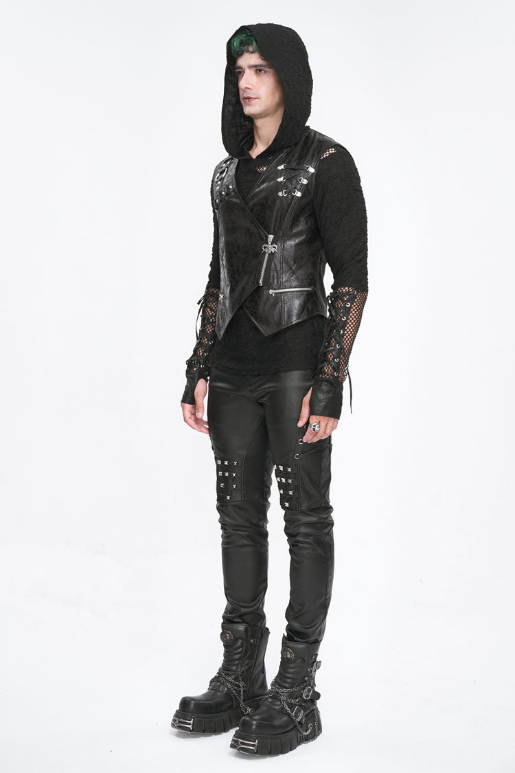 Men's Punk Faux Leather Vest with Zippers - Noir