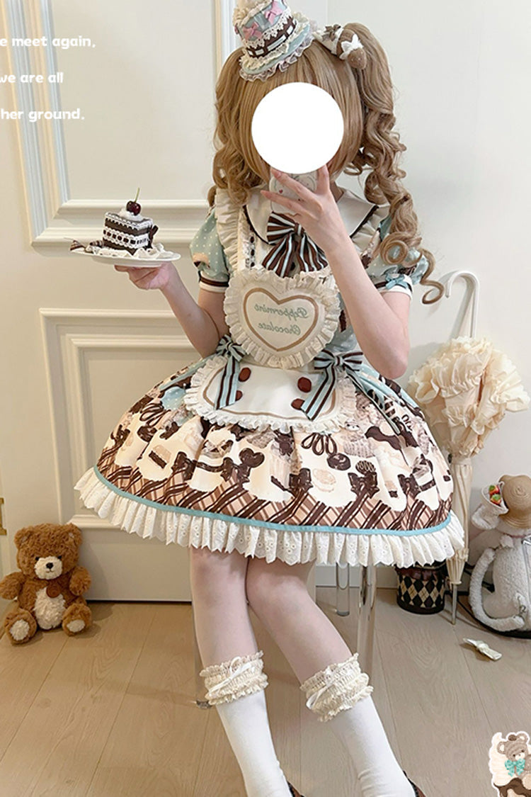 Sweet Lolita Dress with Chocolate Cake Bear Print and Lace-Up