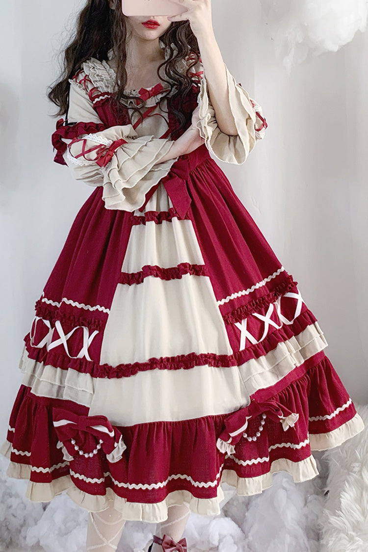 Wine Long-Sleeve Bow Ruffle Sweet Lolita One-Piece