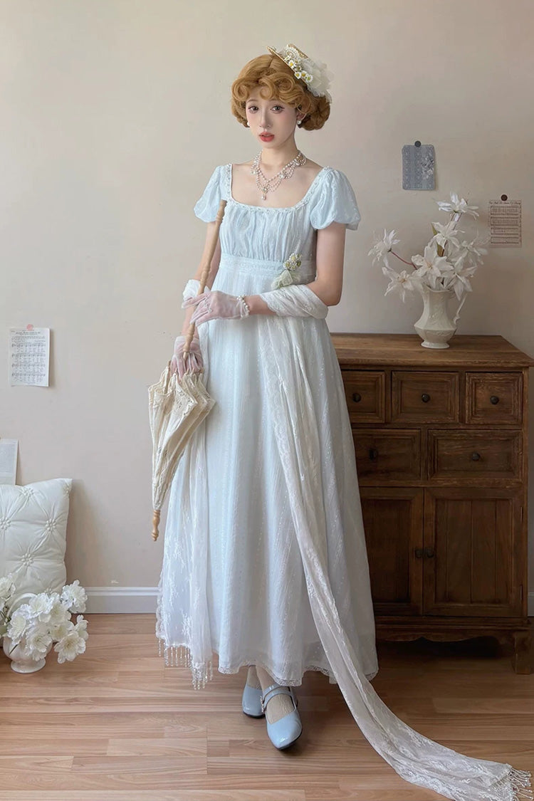 Azure Square Neck Short Sleeve Jacquard Frilled Lace Elegant Lolita Gown