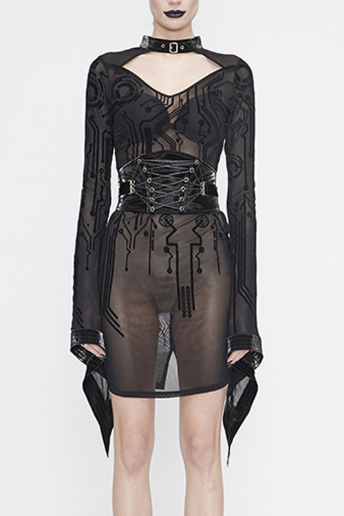 Women's Gothic Dress with Circuit Diagram Flocking Print and Flared Sleeves