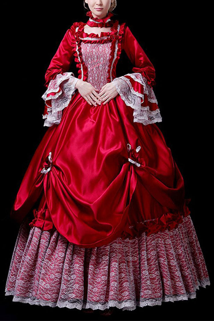Crimson Victorian Prom Dress with Hime Sleeves and Hollow Embroidery