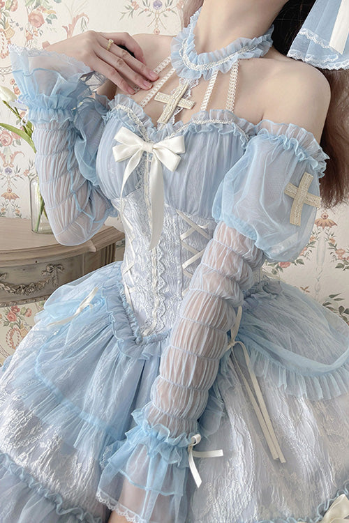 Azure Strapless Bowknot Frilled Sweet Lolita Tiered Gown