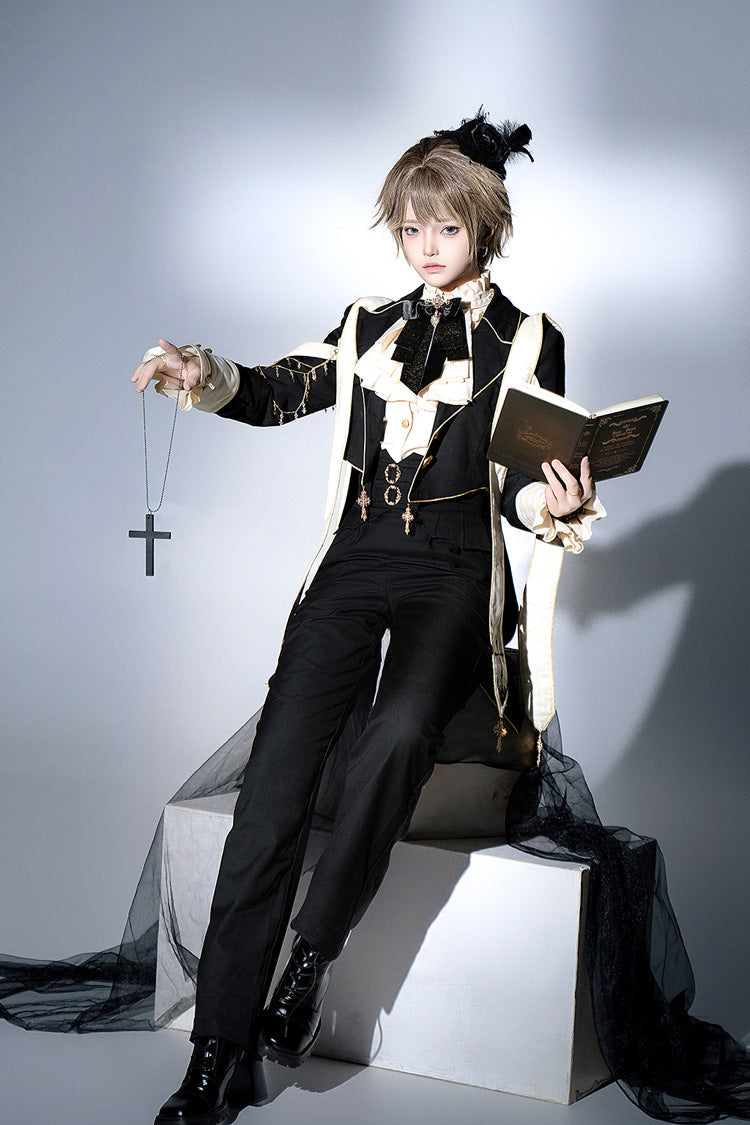 Ouji Lolita Swallowtail Coat with Print, Long-Sleeve Princely Gothic Jacket