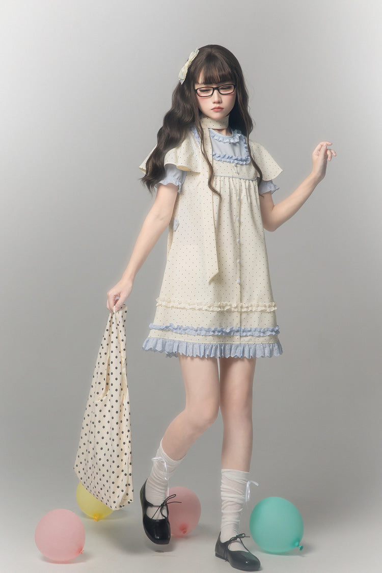 Polka Dot Bouclé Printed Ruffled Faux Two-Piece Sweet Japanese Lolita Dress with Round Collar and Long Sleeves