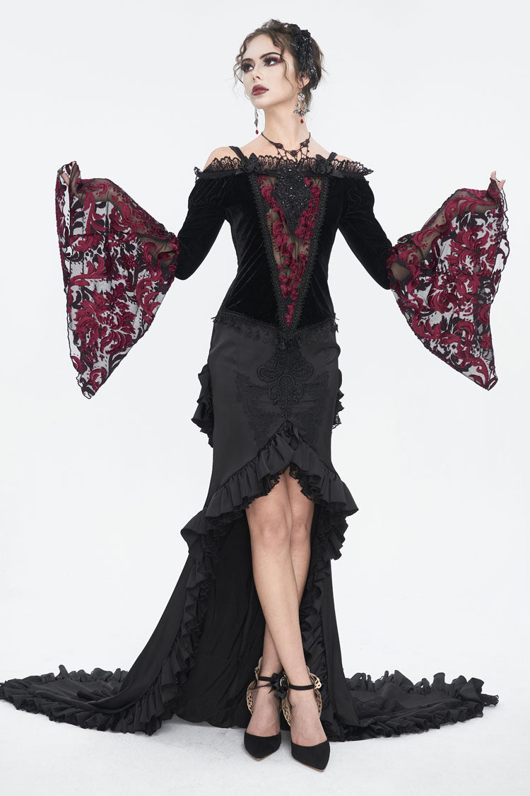 Crimson & Noir Off-Shoulder Flared Sleeve Embroidered Lace Gothic Top