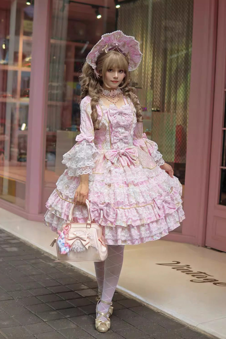 Candlelight Elegance Long Trumpet Sleeve Multi-Layer Ruffle Bow Lace Elegant Lolita Dress