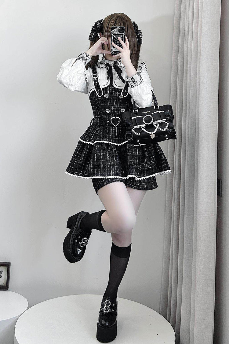 Pearl-Adorned Tartan Jirai Kei Japanese Dress Set