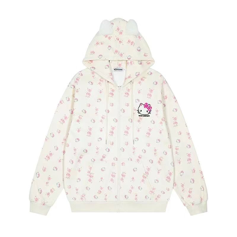 Pull à capuche fleuri avec joli chat KI615