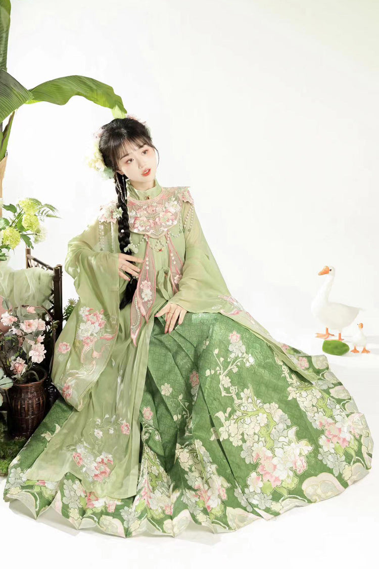 Emerald Stand Collar Long Sleeve Ming Style Embroidered Cloud Shoulder Sweet Hanfu Horse Face Gown Set