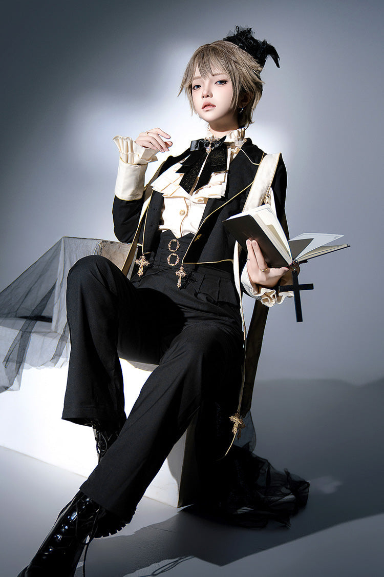 Ouji Lolita Swallowtail Coat with Print, Long-Sleeve Princely Gothic Jacket