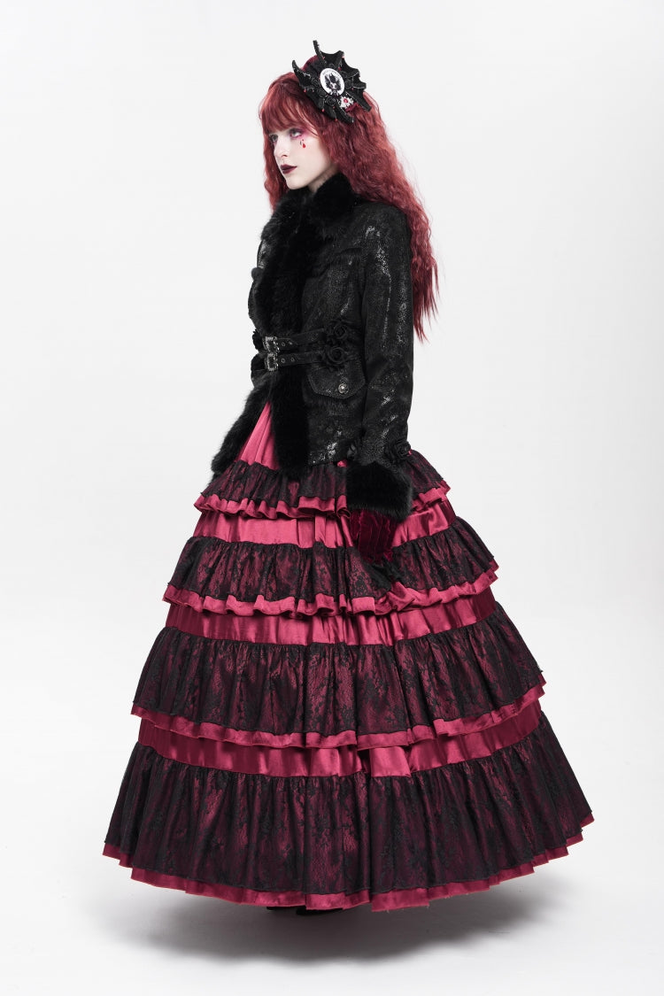 Victorian Gothic Coat with Rose Floral Embroidery and Buckle Straps, Long Sleeve