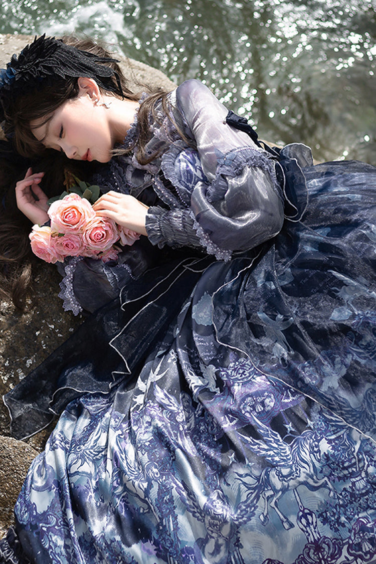 Asymmetric Classic Elegant Print Ruffled Bow JSK - Angel Garden
