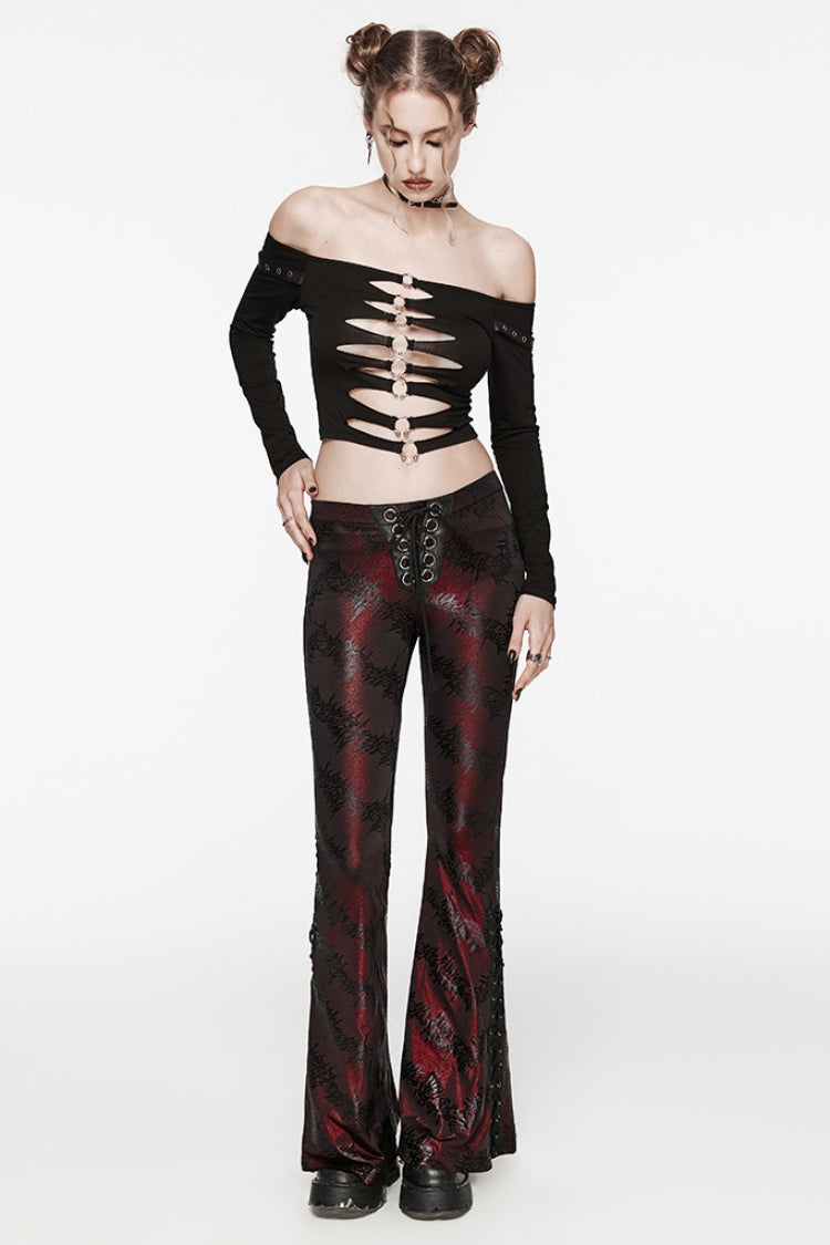 Low-Rise Thorn Print Lace-Up Steampunk Flared Trousers - 2 Tones