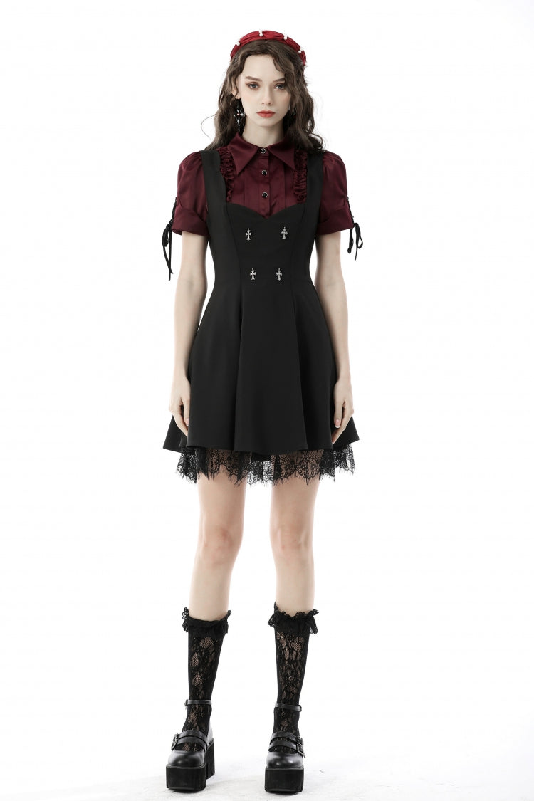 Burgundy Point Collar Short Puff Sleeve Ruffled Gothic Elegant Women's Blouse