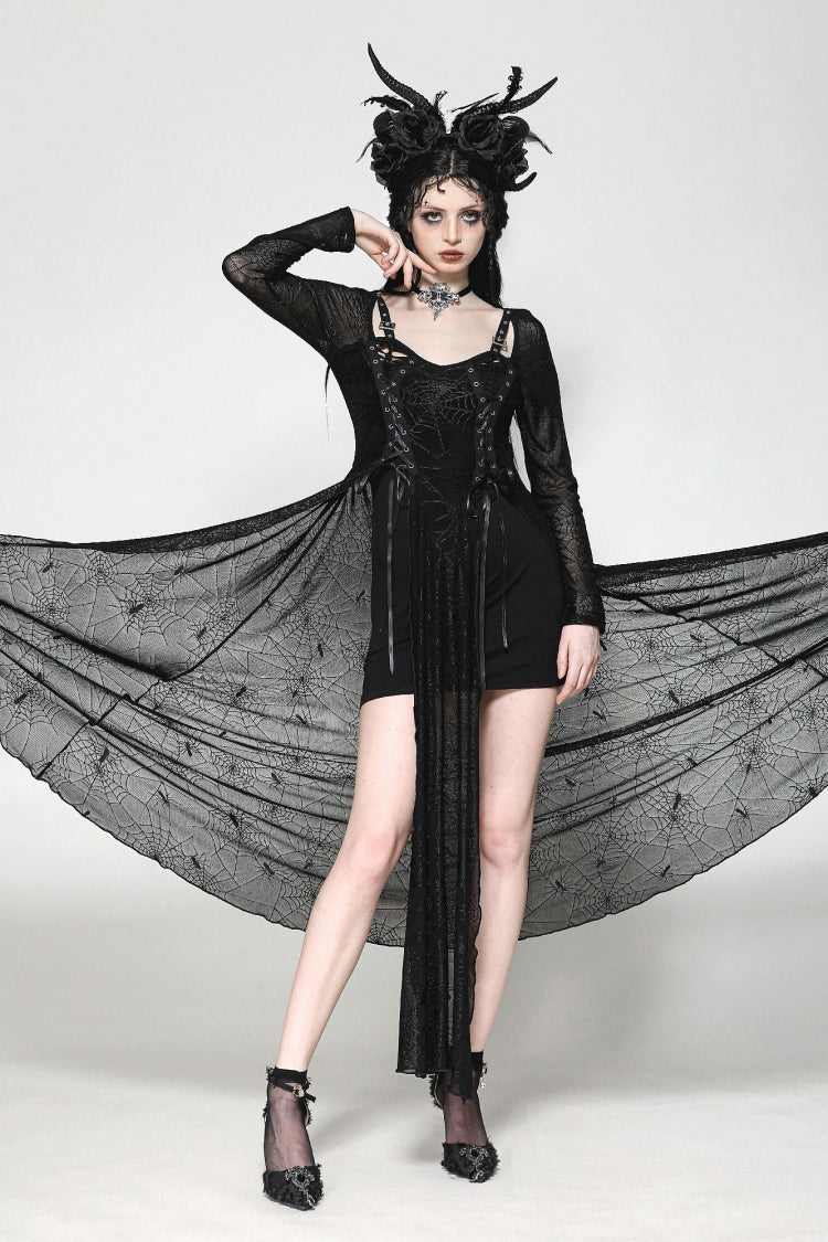 Elegant Witch Long Dress with Spiderweb Lace-Up and Extended Sleeves