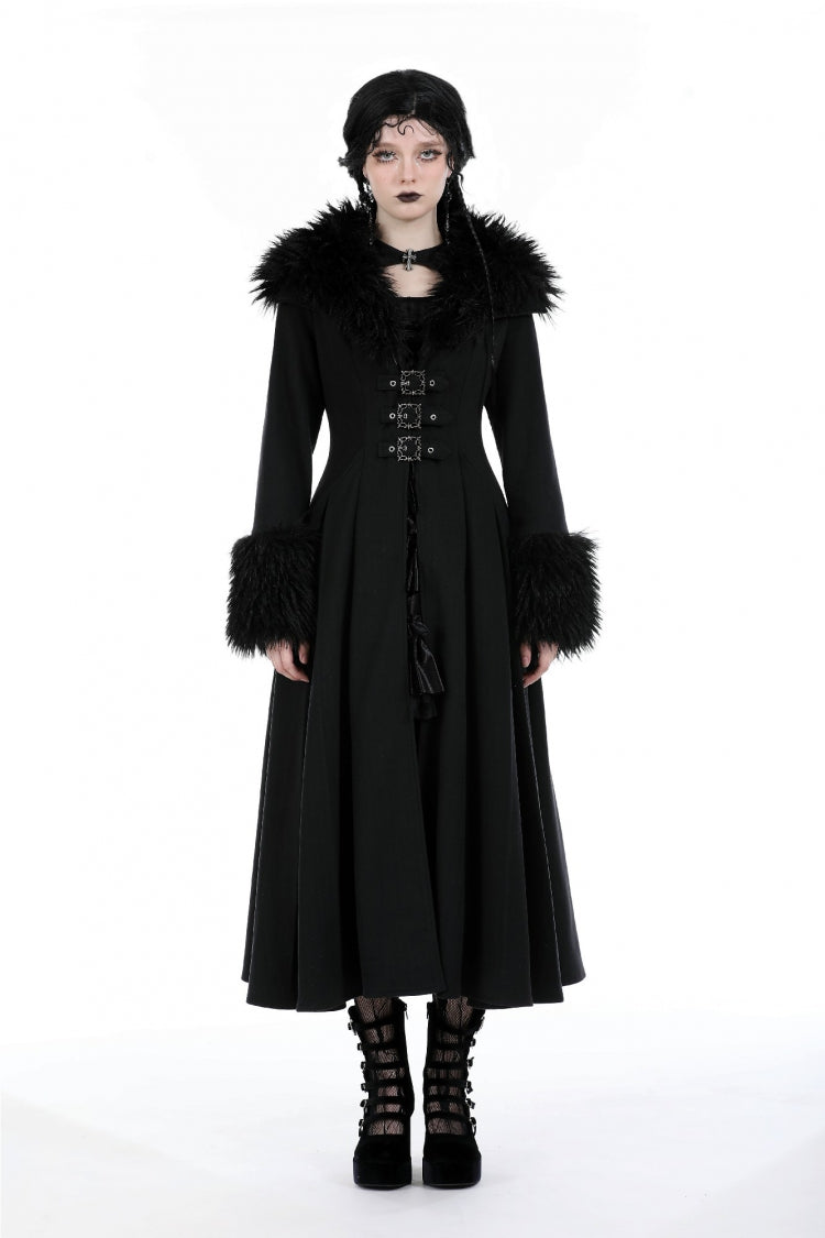 Gothic Draped Coat with Buckle Lace-Up, Faux Fur Collar, and Extended Sleeves