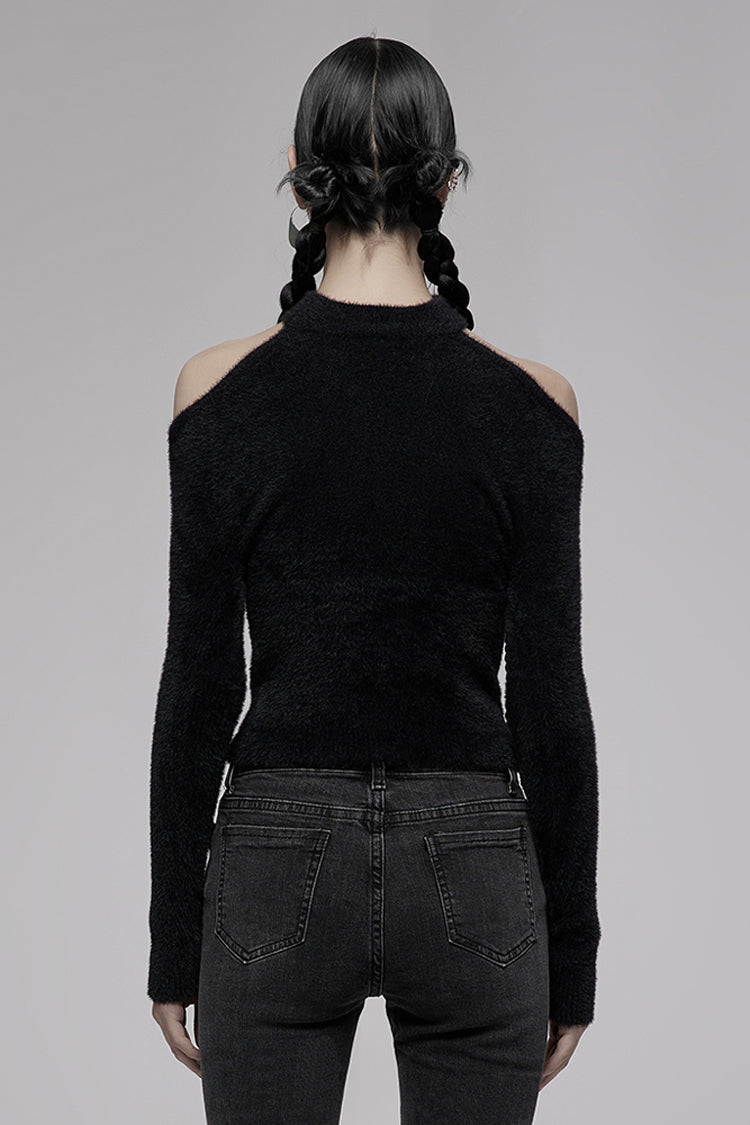 Punk Long Sleeve Top with Metal Cross & Hollow-Carved Knit Design in Black