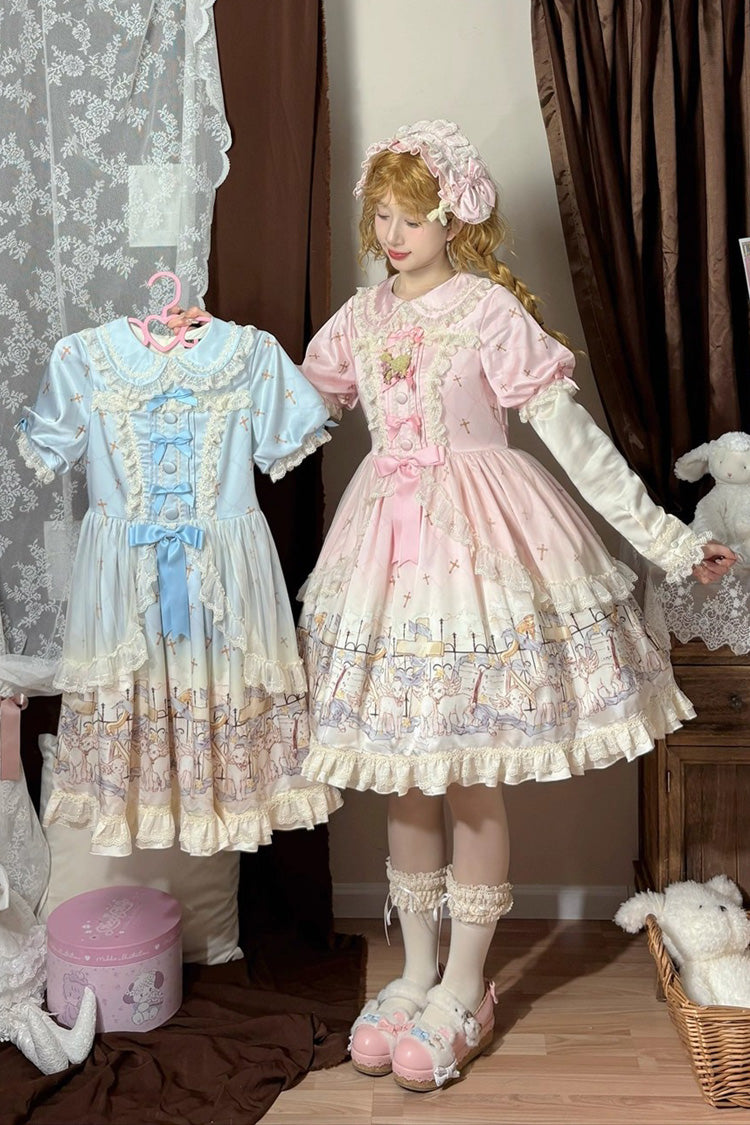 Angel Lamb Lapel Collar Short Sleeves Printed Ruffled Bow, Sweet Lolita Dress