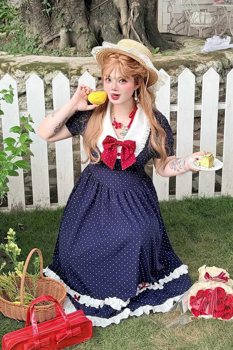 Polka Dot V-Neck Ruffled Bow Lace Plus-Size Preppy Dress