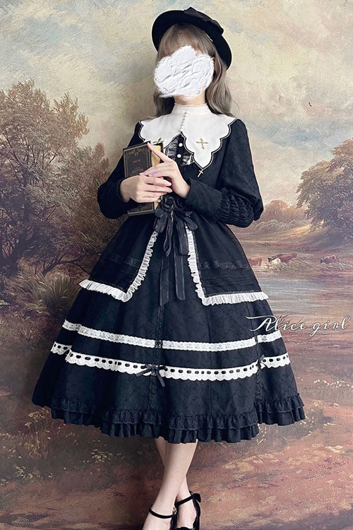 Classic Lolita OP Dress with Dark Church Lace, Ruffled Long Sleeves and Cross