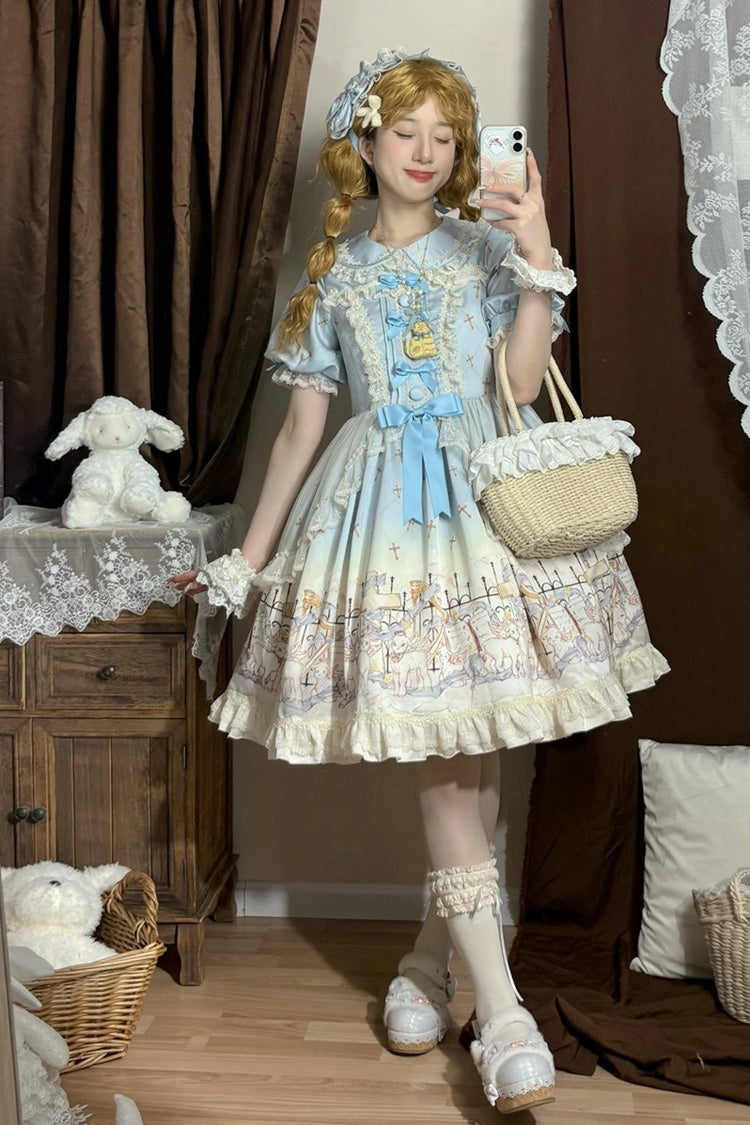 Lapel Collar Short Sleeve Printed Ruffled Bow Sweet Dress - Angel Lamb