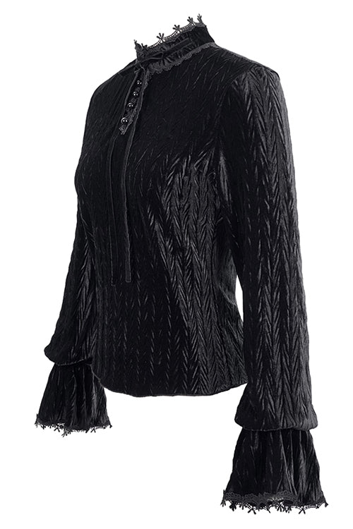 Pleated Velvet Trumpet Sleeve Blouse for Women - Gothic Edge