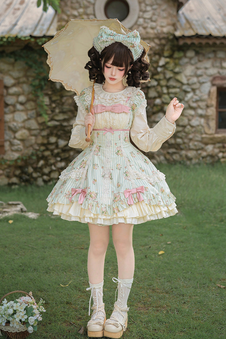 Emerald An Encounter with Austin Square Collar Short Sleeve Multi Rose Printed Ruffled Bow Lace Sweet Lolita Gown