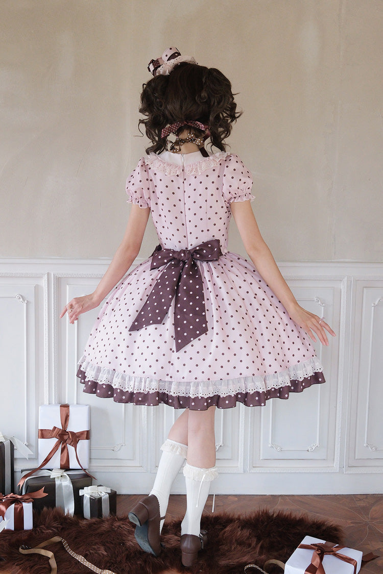 Canelé Gift Box Round Collar Short-Sleeve Polka Dot Ruffle Open Bow Asymmetric Lolita Dress