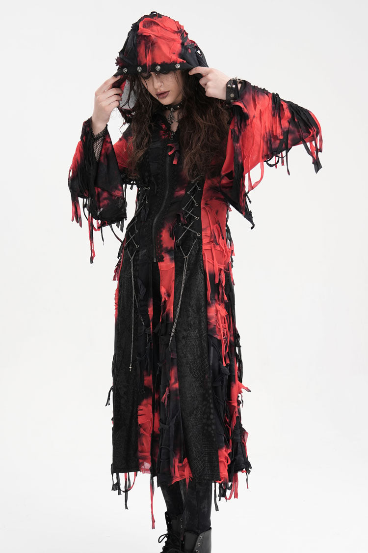 Crimson & Noir Long Sleeve Lace Distressed Zippered Punk Coat