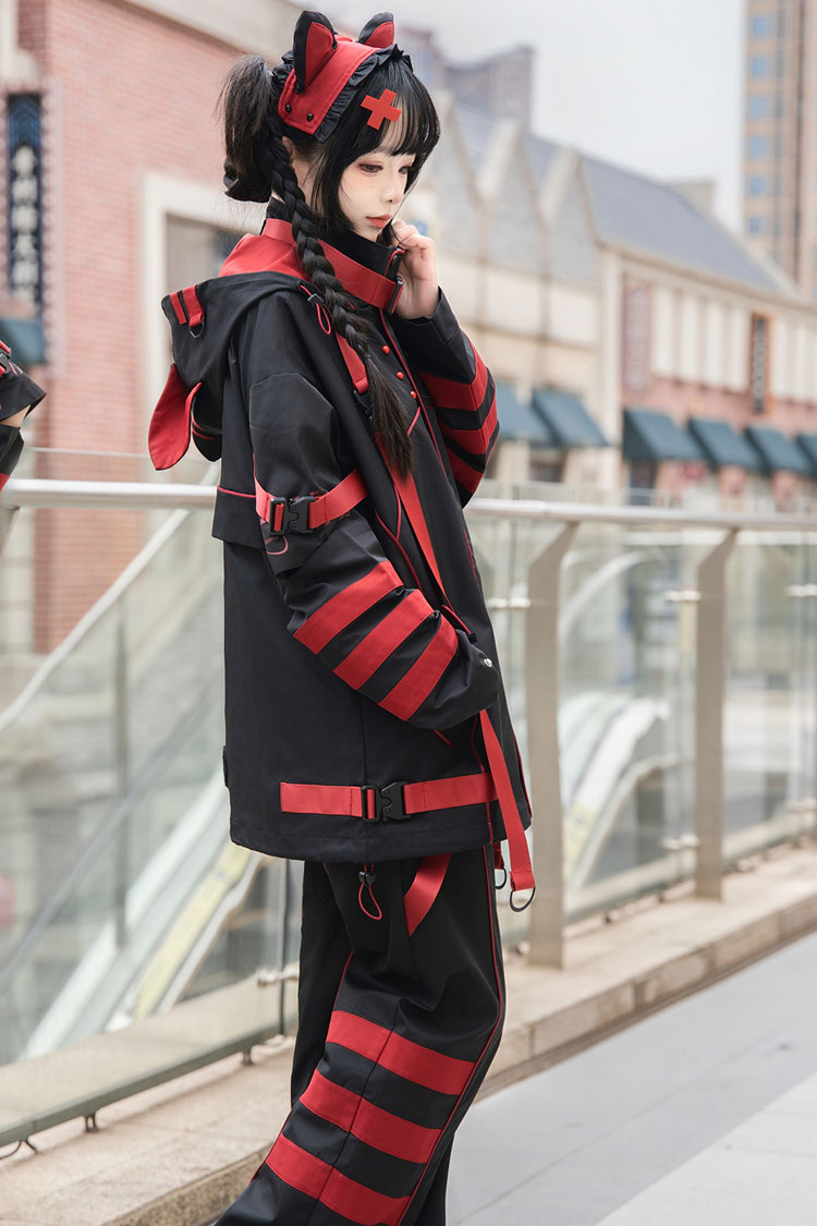 Crimson & Noir Long Sleeve Print Cat Ear Hooded Jirai Kei Stylish Coat