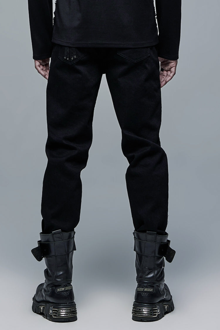 Men's Steampunk Pants with Ripped Details and Cross Decoration
