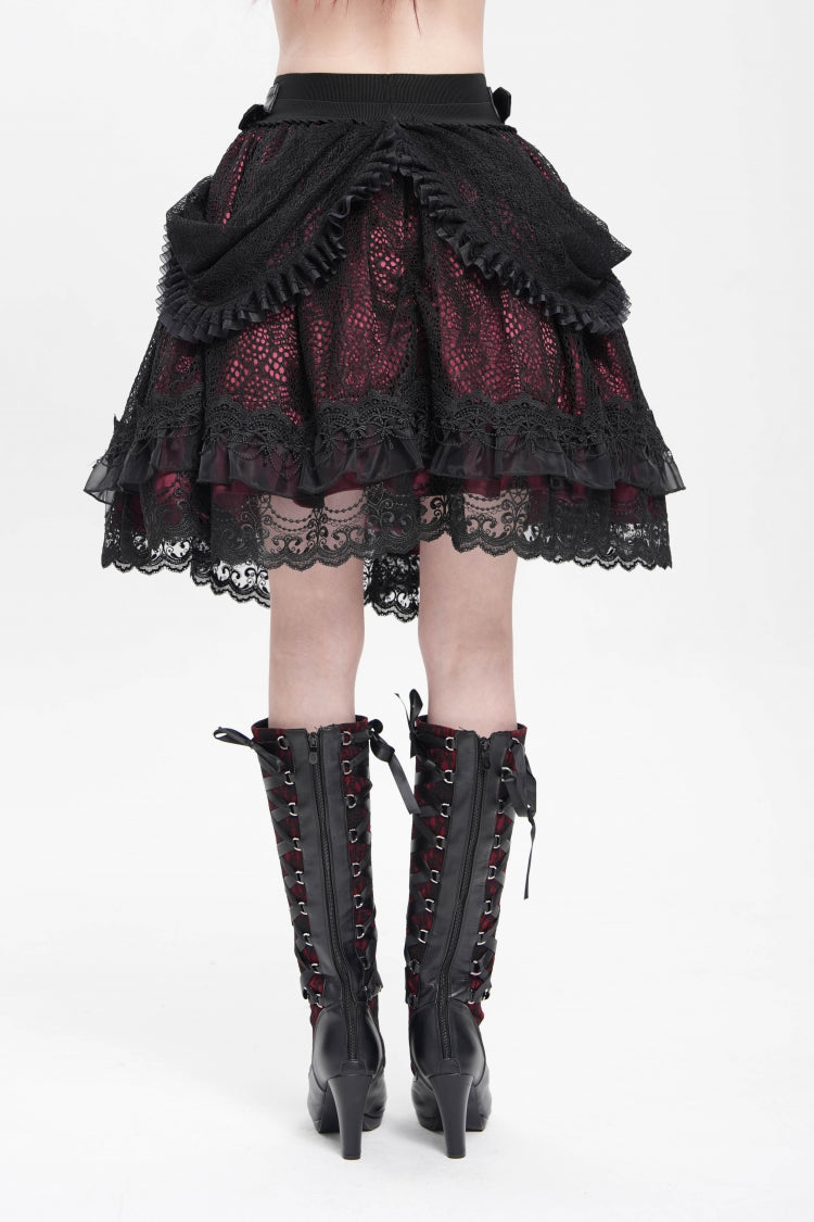 Crimson & Noir Multi-Layer Ruffled Buckle Strap Gothic Skirt