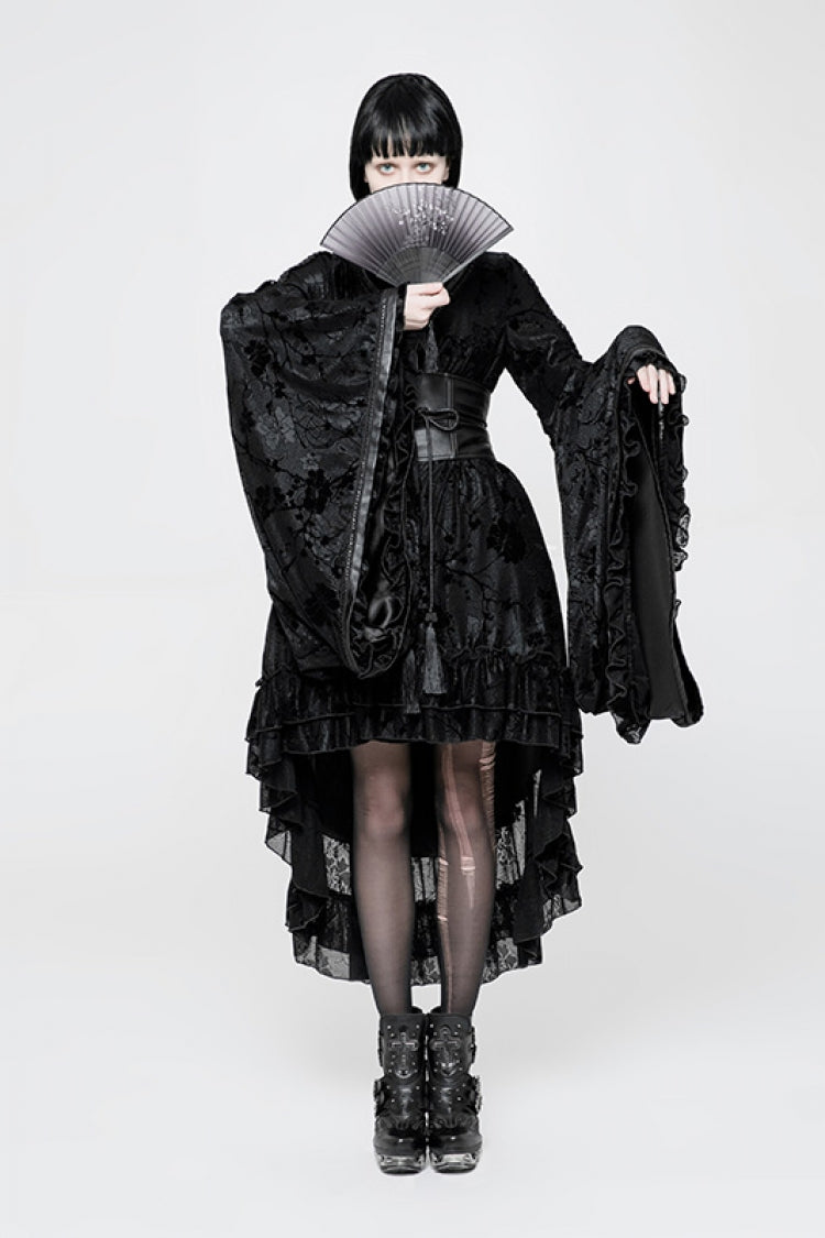 Gothic Kimono Dress with Ruffle Print, Long-Sleeve Women's Japanese-Inspired