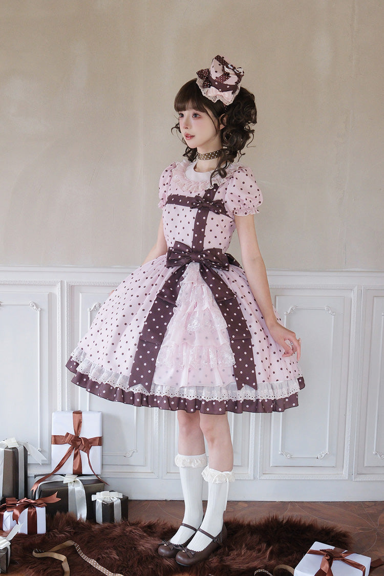 Canelé Gift Box Round Collar Short-Sleeve Polka Dot Ruffle Open Bow Asymmetric Lolita Dress
