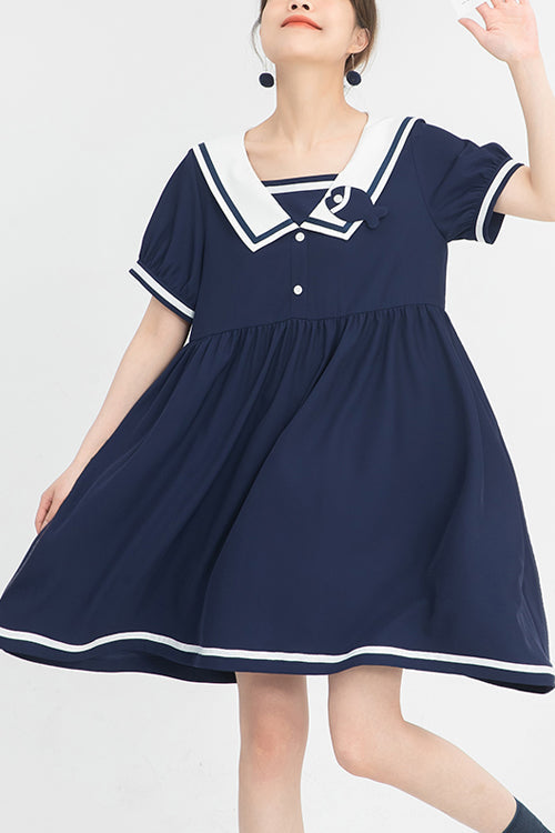 Vintage Navy Collar High-Waisted Sweet Lolita Short Sleeve Dress