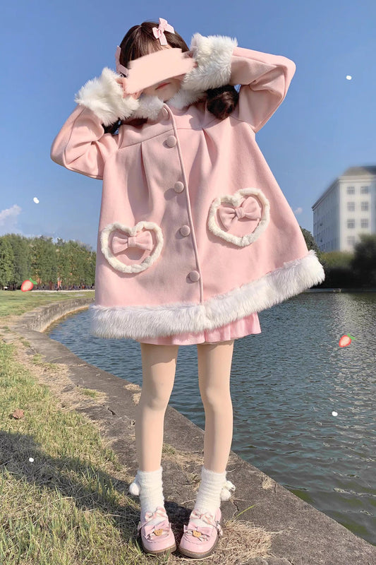 Woolen Rabbit Ears Single-Breasted Bowknot Coat, Sweet Princess Lolita Style
