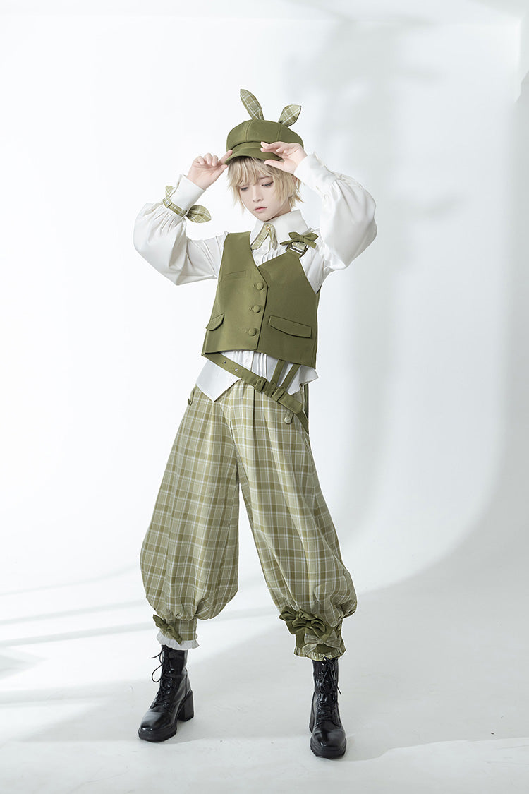 Ouji Lolita Vest with Plaid Pants - Matcha Green - Secret Morning Post - Dual