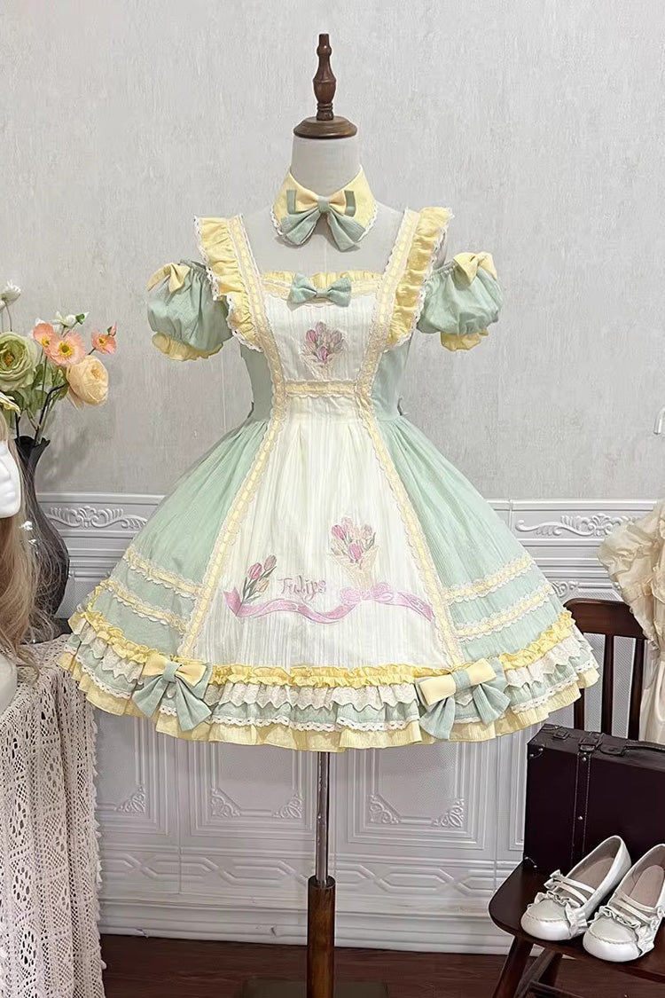 Emerald Short Sleeve Tulip Print Ruffle Bow Sweet Lolita Dress