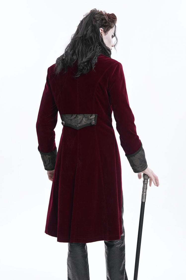 Burgundy Long Sleeve Button Floral Embroidery Gothic Men's Jacket